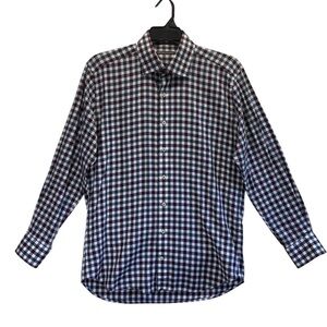 Peter Millar Men's Plaid Shirt - Blue, purple, and white. Size L